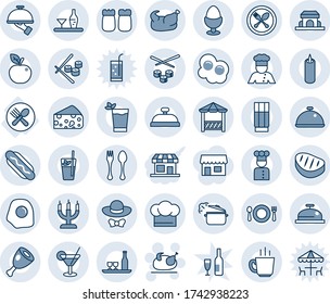 Blue tint and shade editable vector line icon set - spoon and fork vector, turkey, plate, cook, dish, alcohol, cafe, hat, reception, drink, cocktail, phyto bar, coffee, waiter, egg stand, building