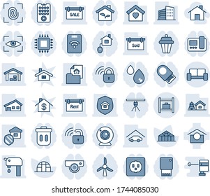 Blue tint and shade editable vector line icon set - vip waiting area vector, baggage room, greenhouse, warehouse storage, house with garage, tree, water supply, estate document, sale, rent, control