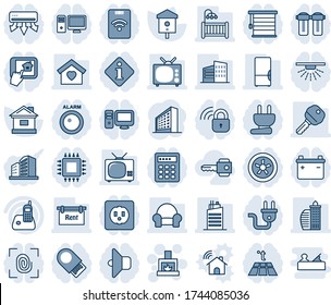 Blue tint and shade editable vector line icon set - fireplace vector, office building, house, bird, radio phone, rent, key, children room, cushioned furniture, sweet home, fridge, tv, city, chip, pc