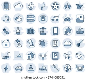 Blue tint and shade editable vector line icon set - parking vector, reception, clouds, road cone, rowanberry, mobile phone, farm fork, fence, rake, tree, lawn mower, fire, house, well, sickle, lungs