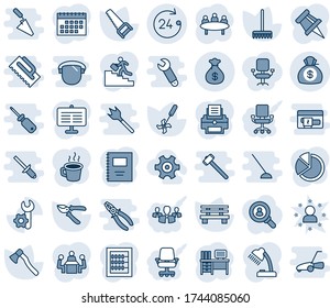 Blue tint and shade editable vector line icon set - 24 hours vector, desk, meeting, rake, pruner, saw, axe, bench, ripper, root setup, money bag, calendar, coffee, copybook, presentation board, lamp