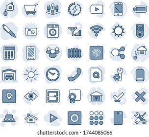 Blue tint and shade editable vector line icon set - washer vector, cake, mobile phone, pen, fence, sun, remote control, cell, group, low battery, back, call, menu, record, scanner, wireless, eye id