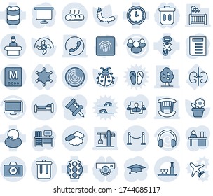 Blue tint and shade editable vector line icon set - fence vector, trash bin, reception, bed, camera, clouds, radar, graduate, desk, document, presentation board, flower in pot, ripper, lady bug, hr