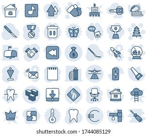 Blue tint and shade editable vector line icon set - runway vector, christmas tree, gloves, snowball house, office chair, pennant, medal, notepad, saw, hose, drip irrigation, scalpel, tooth, rewind