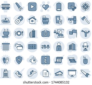 Blue tint and shade editable vector line icon set - dispatcher vector, automatic door, escalator, baggage larry, heart, office building, mouse, presentation board, saw, axe, drip irrigation, camera