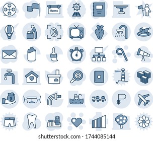 Blue Tint And Shade Editable Vector Line Icon Set - Alarm Clock Vector, Tv, Baby Room, Shower, Baggage Larry, Plane, Cafe, Passport, Heart, Lollipop, Mail, Watering, Fireplace, Tooth, Sorting, Ruble