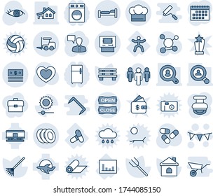 Blue tint and shade editable vector line icon set - bed vector, fork loader, flag garland, speaking man, farm, rake, house, bench, heart, pills, eye, molecule, gymnastics, statistics, plane, dollar