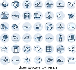 Blue tint and shade editable vector line icon set - plane vector, airport tower, runway, radar, departure, arrival, ticket, ladder car, boarding, seat map, building, traffic controller, trap truck