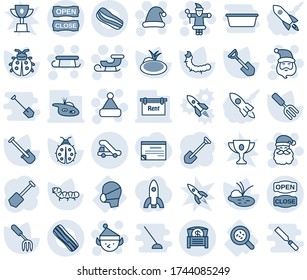 Blue tint and shade editable vector line icon set - trap truck vector, santa claus, christmas hat, sleigh, elf, job, garden fork, shovel, lady bug, caterpillar, pond, bacteria, medical mask, rent
