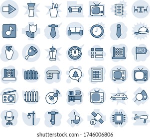 Blue tint and shade editable vector line icon set - cafe vector, tv, right arrow, vip waiting area, merry christmas message, abacus, desk, tie, fence, garden light, real heart, blood test, stomach