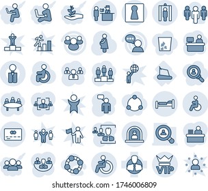 Blue tint and shade editable vector line icon set - female vector, vip, disabled, reception, bed, passport control, metal detector gate, credit card, speaking man, pedestal, team, meeting, pregnancy