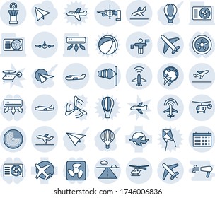 Blue tint and shade editable vector line icon set - plane vector, radar, departure, wind, helicopter, globe, airport tower, traffic controller, runway, arrival, boarding passengers, small, schedule