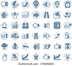 Blue tint and shade editable vector line icon set - elevator vector, alarm clock, left arrow, right, fork loader, ladder, push ups, pull, up side sign, no trolley, finger down, career, volume max