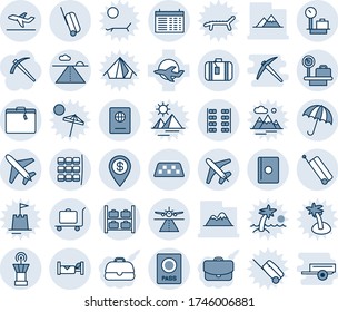 Blue tint and shade editable vector line icon set - plane vector, runway, taxi, suitcase, baggage trolley, umbrella, passport, seat map, luggage storage, scales, airport tower, departure, hotel, job