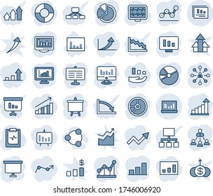 Blue tint and shade editable vector line icon set - growth statistic vector, hierarchy, presentation board, monitor, circle chart, pulse, clipboard, statistics, report, account, bar graph, pie