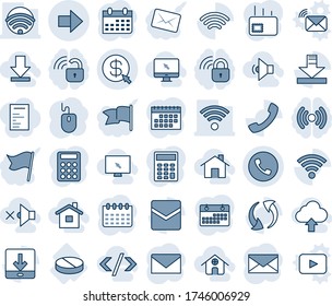 Blue tint and shade editable vector line icon set - phone vector, right arrow, mail, mouse, calendar, pill, call, update, download, wireless, money click, calculator, home, monitor cursor, off, lock