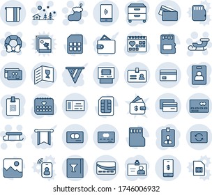 Blue tint and shade editable vector line icon set - credit card vector, identity, ticket, christmas sock, landscape, sleigh, wreath, medical calendar, gallery, sd, sim, mobile payment, exchange, atm