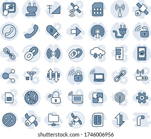 Blue tint and shade editable vector line icon set - wireless notebook vector, antenna, phone, satellite, network, chain, call, sim, data exchange, cellular signal, gear, right arrow, share, folder