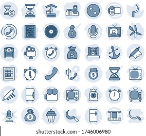 Blue tint and shade editable vector line icon set - phone vector, alarm clock, tv, abacus, money bag, well, sickle, film frame, vinyl, video camera, microphone, call, chest, account history, office