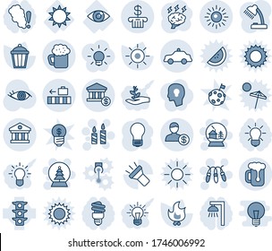 Blue tint and shade editable vector line icon set - baggage vector, safety car, sun, garland, candle, snowball house, tree, brainstorm, bulb, fire, garden light, eye, traffic, torch, bank, account