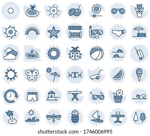 Blue tint and shade editable vector line icon set - cafe vector, sun, suitcase, clouds, flower in pot, lawn mower, butterfly, lady bug, pond, picnic table, brightness, restaurant, alcove, sunglasses