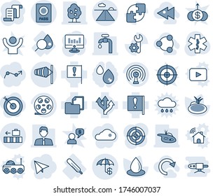 Tinta azul y sombra editable conjunto de iconos de línea vector - vector pasaporte, viento, pista, equipaje, contrato, monitor estadístico, caída de agua, estanque, estrella de ambulancia, termómetro, análisis de sangre, ruta, carrete, rehacer
