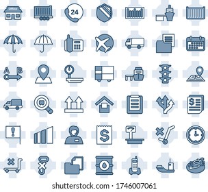 Blue tint and shade editable vector line icon set - route vector, navigation, pin, important flag, store, plane, traffic light, office phone, 24 hours, support, sea shipping, truck trailer, clock