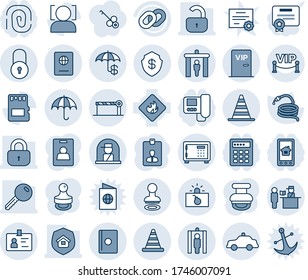 Blue tint and shade editable vector line icon set - security gate vector, stamp, border cone, safe, barrier, passport control, metal detector, insurance, safety car, terrorism, officer window, road
