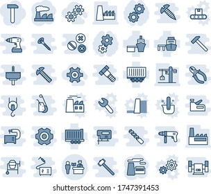 Blue tint and shade editable vector line icon set - passport control vector, factory, truck trailer, sea port, crane, gear, work, water power plant, conveyor, casting of steel, wrench, hammer, screw