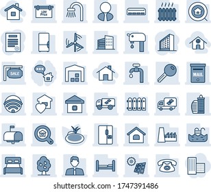 Blue tint and shade editable vector line icon set - office building vector, pond, contract, house, pool, mailbox, sun panel, windmill, water supply, fruit tree, warehouse, fence, sale, estate search