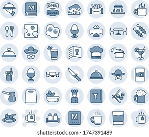 Blue tint and shade editable vector line icon set - coffee machine vector, spoon and fork, cafe, tea, cook, dish, restaurant table, hat, wine card, menu, reception, drink, cocktail, phyto bar, beer