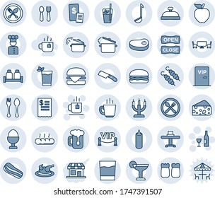 Blue tint and shade editable vector line icon set - spoon and fork vector, tea, wine, cook, restaurant table, cafe, reception, drink, cocktail, phyto bar, coffee, beer, bacon, egg stand, salt pepper