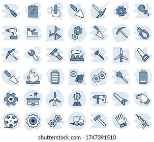Blue tint and shade editable vector line icon set - fork loader vector, airport building, gear, factory, trowel, glove, saw, heart, flammable, reel, battery, low, sun panel, windmill, hard work, job