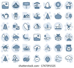 Blue tint and shade editable vector line icon set - storm cloud vector, christmas tree, snowfall, holly, deer hat, flower in pot, watering can, lady bug, water drop, well, sickle, plant label, pond