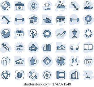 Blue tint and shade editable vector line icon set - sun vector, christmas calendar, wine glasses, mountains, office building, book, pennant, tree, syringe, barbell, satellite, term, film frame, pond