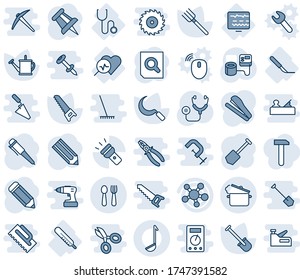 Blue tint and shade editable vector line icon set - spoon and fork vector, document search, pen, drawing pin, job, pencil, shovel, farm, watering can, saw, sickle, stethoscope, blood pressure, share