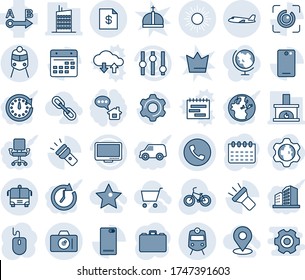 Blue tint and shade editable vector line icon set - train vector, phone, camera, sun, plane, airport bus, case, mouse, calendar, bike, route, settings, monitor, back, torch, eye id, fireplace, star