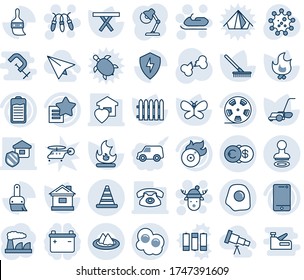 Blue tint and shade editable vector line icon set - stamp vector, road cone, garland, snowmobile, christmas deer hat, factory, fence, rake, lawn mower, butterfly, fire, house, picnic table, virus