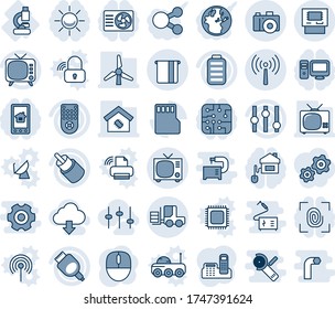Blue tint and shade editable vector line icon set - antenna vector, tv, camera, fork loader, mouse, lab, settings, remote control, battery, rca, hdmi, sd, atm, office phone, windmill, smart home, pc