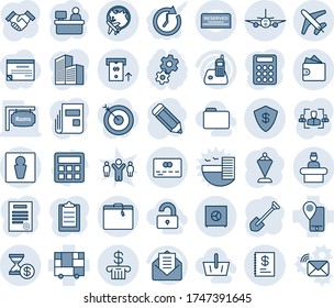 Blue tint and shade editable vector line icon set - suitcase vector, male, reception, plane globe, credit card, pennant, manager place, job, pencil, mobile tracking, consolidated cargo, radio phone