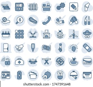 Blue tint and shade editable vector line icon set - manager place vector, fence, lady bug, plant label, fireplace, pond, picnic table, doctor case, pills, ampoule, patch, joint, medical calendar