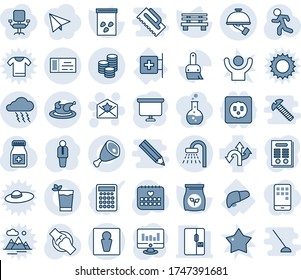 Blue tint and shade editable vector line icon set - male vector, shower, ticket, storm, star letter, manager, presentation board, statistic monitor, bench, seeds, fertilizer, pills bottle, run, coin