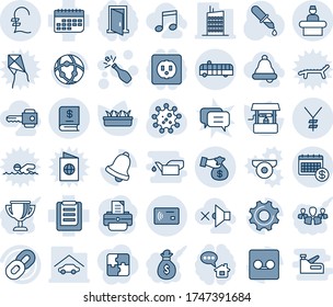 Blue tint and shade editable vector line icon set - reception vector, airport bus, champagne, printer, seedling, well, dropper, virus, term, clipboard, chain, settings, bell, record, network, yen