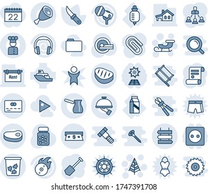 Blue tint and shade editable vector line icon set - trash bin vector, sign post, credit card, christmas tree, sleigh, job, contract, garden knife, pills bottle, tomography, drop counter, milk, cash