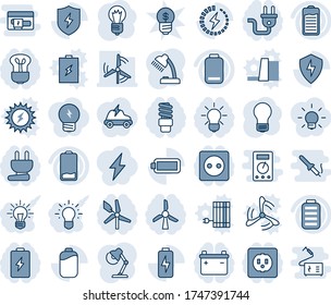 Blue tint and shade editable vector line icon set - bulb vector, battery, low, protect, charge, desk lamp, windmill, socket, power plug, energy saving, idea, lightning, electric car, business