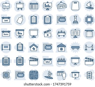Blue tint and shade editable vector line icon set - fence vector, flight table, schedule, presentation board, meeting, clipboard, clapboard, sale, rooms, sold signboard, smart home, cutting, chip