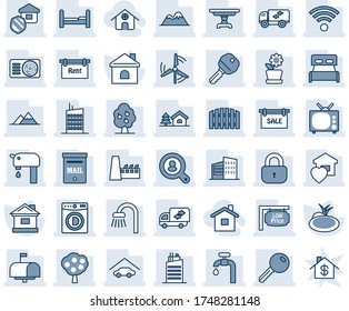 Blue tint and shade editable vector line icon set - house vector, pond, with tree, mailbox, windmill, water supply, fruit, mountains, garage, fence, sale, rent, low price signboard, office building