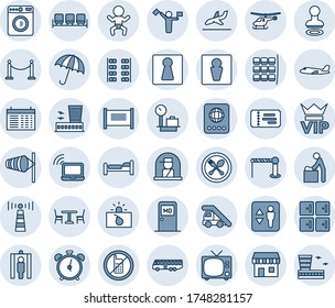 Blue tint and shade editable vector line icon set - dispatcher vector, antenna, fence, airport bus, barrier, spoon and fork, cafe, umbrella, elevator, alarm clock, no mobile, male, female, tv, vip