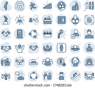Blue tint and shade editable vector line icon set - escalator vector, male, baby room, reception, medical, passport control, elevator, recieptionist, ski, handshake, speaking man, pedestal, team