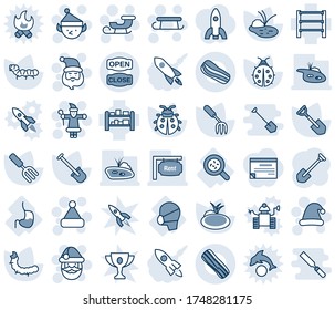 Blue tint and shade editable vector line icon set - santa claus vector, christmas hat, sleigh, elf, job, garden fork, shovel, lady bug, caterpillar, pond, bacteria, stomach, medical mask, rack, rent